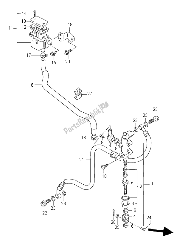 All parts for the Rear Master Cylinder of the Suzuki GSX R 1100W 1996