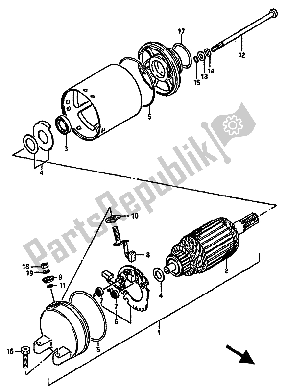 All parts for the Starting Motor of the Suzuki GSX R 750X 1986