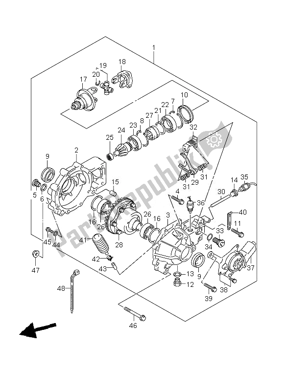 All parts for the Final Bevel Gear (front)(05-11 ) of the Suzuki LT A 500F Vinson 4X4 2007