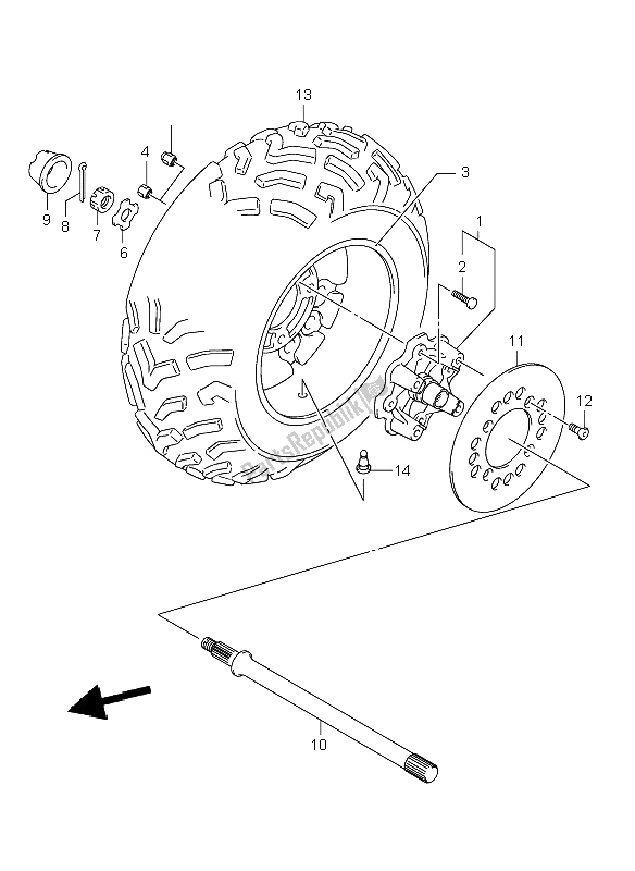 All parts for the Right Rear Wheel of the Suzuki LT A 500F Vinson 4X4 2005