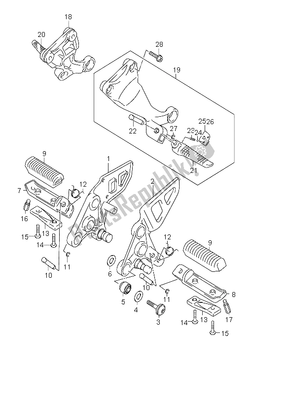 All parts for the Footrest of the Suzuki GSX 1300R Hayabusa 2004