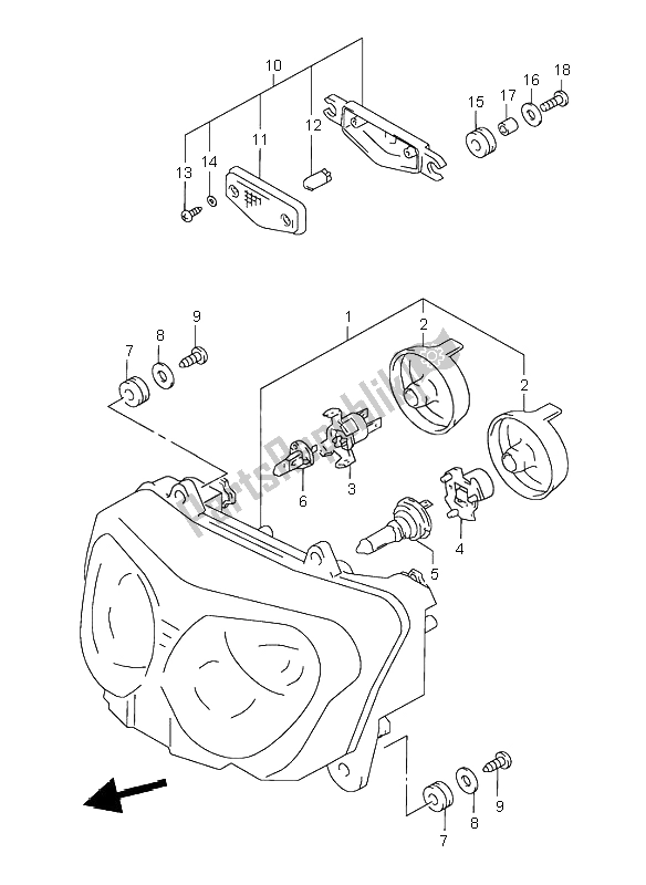 All parts for the Headlamp (e4-e17-e18-e22-e25-e34) of the Suzuki GSX 600F 1999