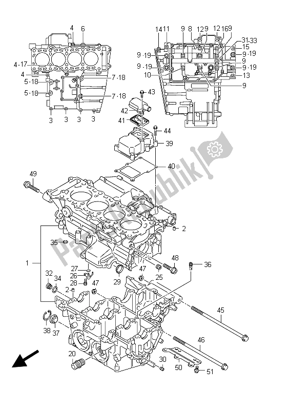 All parts for the Crankcase of the Suzuki GSX R 600 2012