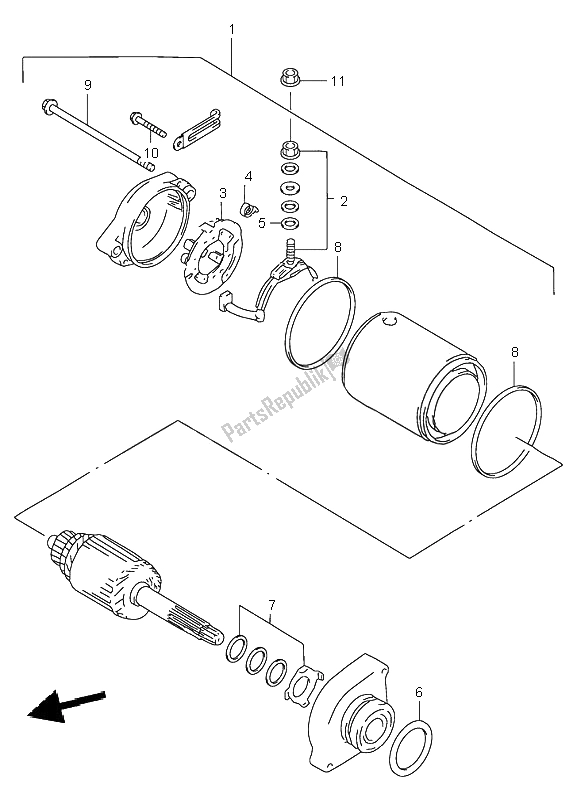 All parts for the Starting Motor of the Suzuki LT A 500F Quadmaster 2001