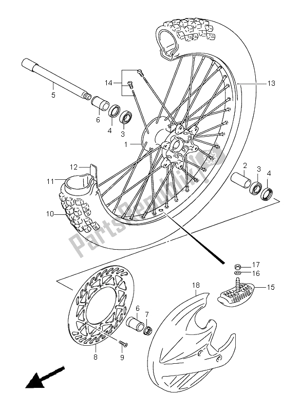 All parts for the Front Wheel of the Suzuki RM 250 2005