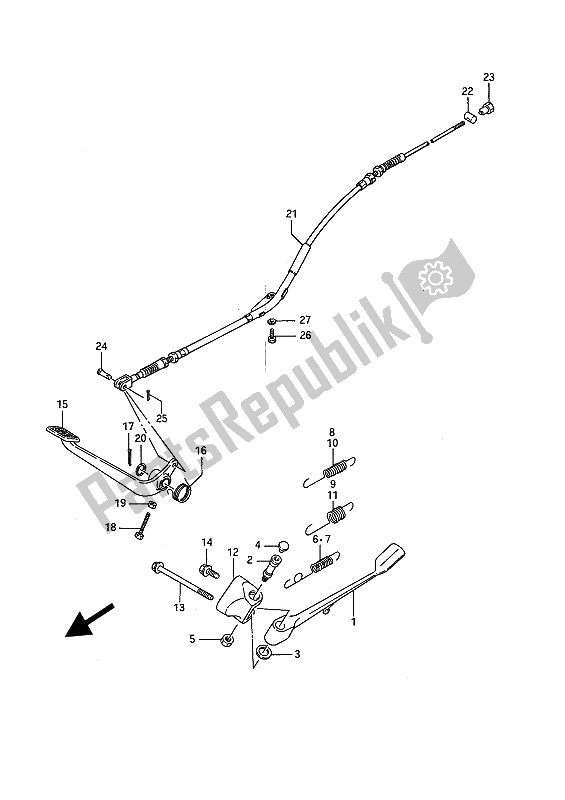 All parts for the Prop Stand & Rear Brake of the Suzuki LS 650 FP Savage 1989