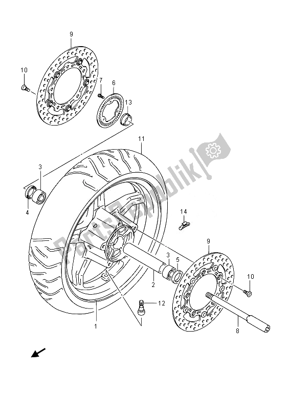 All parts for the Front Wheel of the Suzuki AN 650Z Burgman Executive 2014