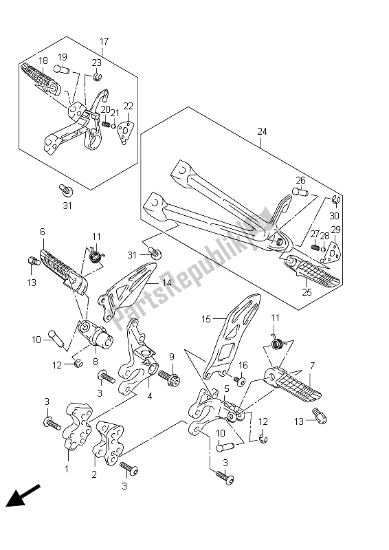 All parts for the Footrest of the Suzuki GSX R 600 2012