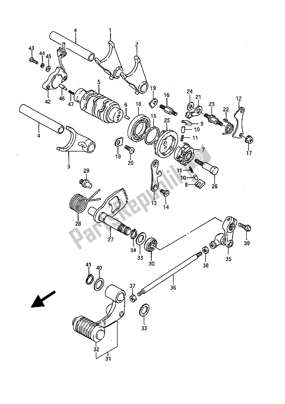 All parts for the Gear Shifting (e2-e15-e16-e17-e18-e22-e25-e39) of the Suzuki LS 650P Savage 1991