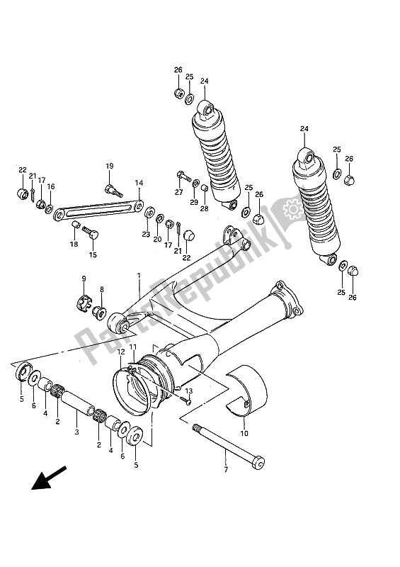 All parts for the Rear Swinging Arm of the Suzuki VS 750 Glfp Intruder 1986