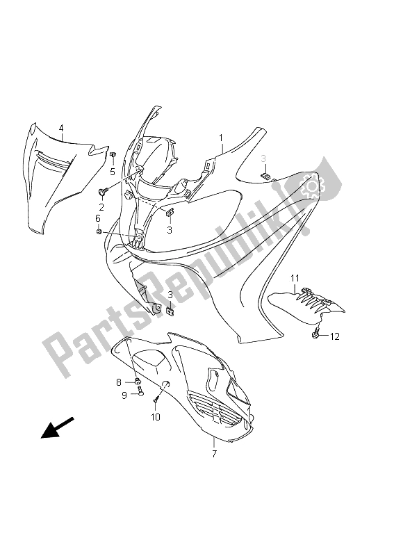 All parts for the Front Leg Shield (an650a E2) of the Suzuki AN 650A Burgman Executive 2011