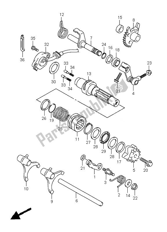 Todas as partes de Mudança De Marchas do Suzuki LT A 400F Kingquad ASI 4X4 2010