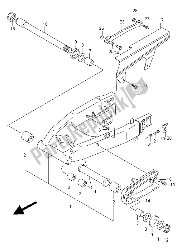 Alle onderdelen voor de Achterste Zwenkarm van de Suzuki GSX R 600 2001