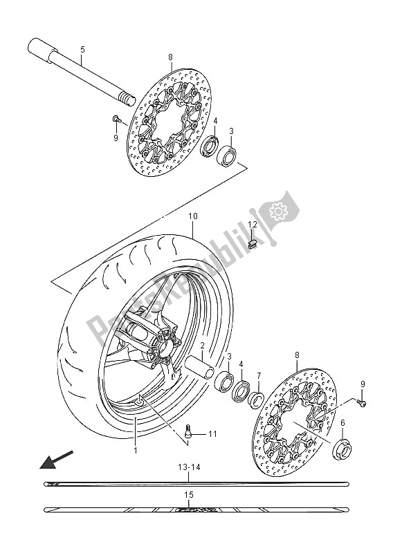 All parts for the Front Wheel of the Suzuki GSX R 750 2016