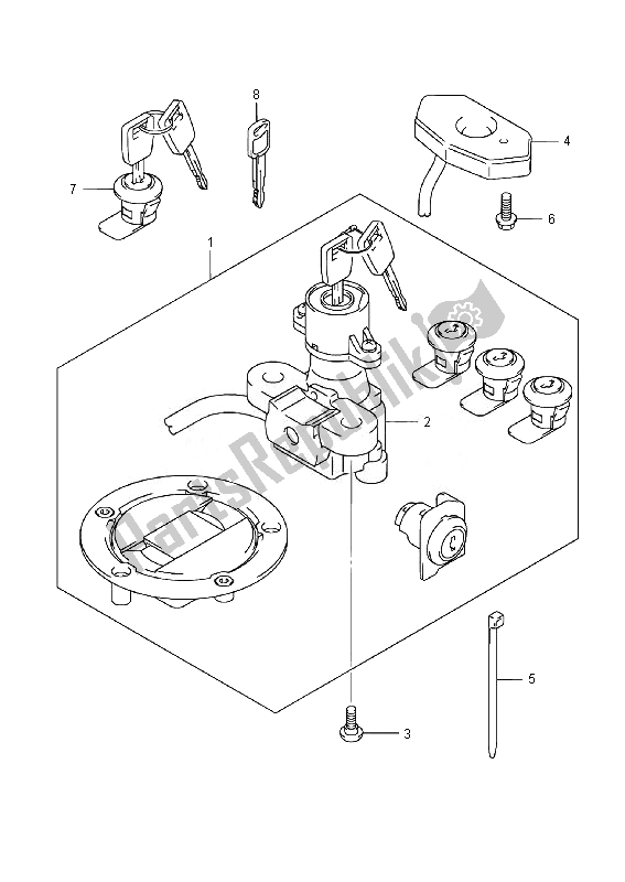 All parts for the Lock Set (for Pannir Case) of the Suzuki DL 1000A V Strom 2014