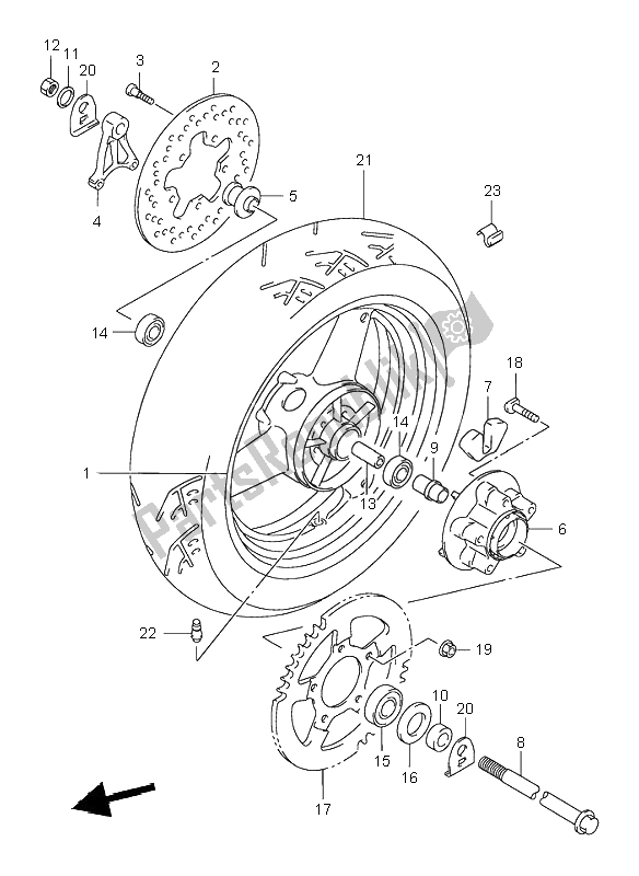 All parts for the Rear Wheel of the Suzuki GSX 750F 2001