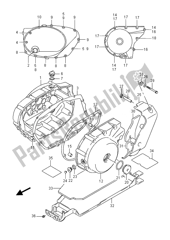 Alle onderdelen voor de Carterafdekking (vl800b E02) van de Suzuki VL 800B Intruder 2014
