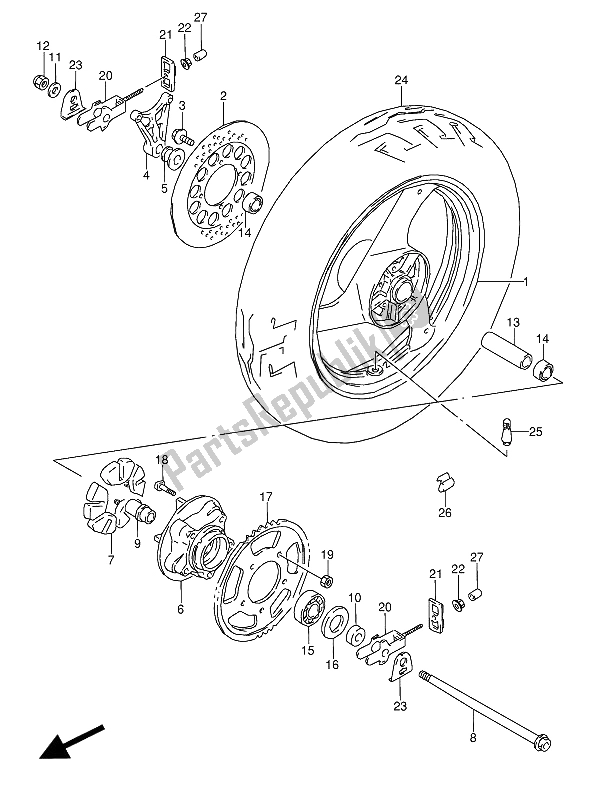 Alle onderdelen voor de Achterwiel van de Suzuki GSX 600 FUU2 1991