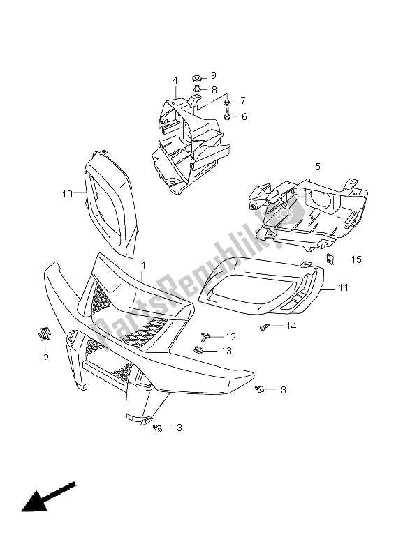 All parts for the Front Grille of the Suzuki LT A 500 XPZ Kingquad AXI 4X4 2009