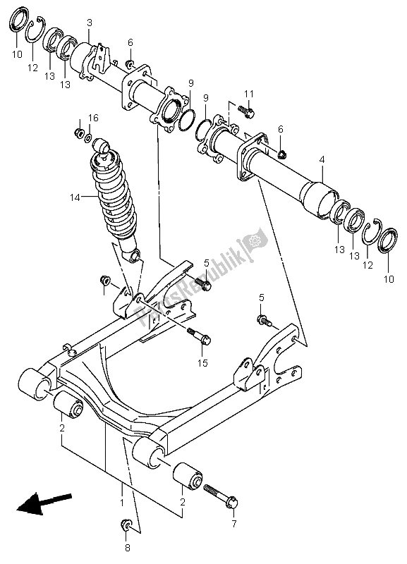 All parts for the Rear Swingingarm of the Suzuki LT A 400F Eiger 4X4 2004