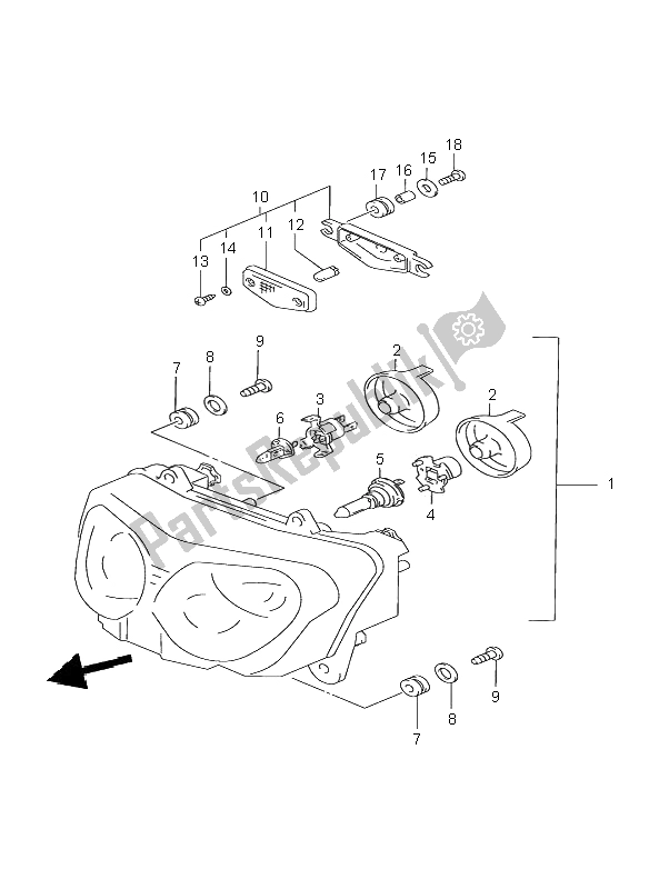 All parts for the Headlamp (e4-e17-e18-e22-e25-e34-p37) of the Suzuki GSX 750F 2001