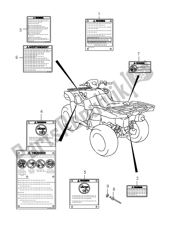 All parts for the Label of the Suzuki LT A 700X Kingquad 4X4 2006