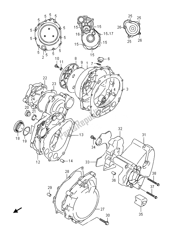 All parts for the Crankcase Cover of the Suzuki GSX 1300 RA Hayabusa 2014