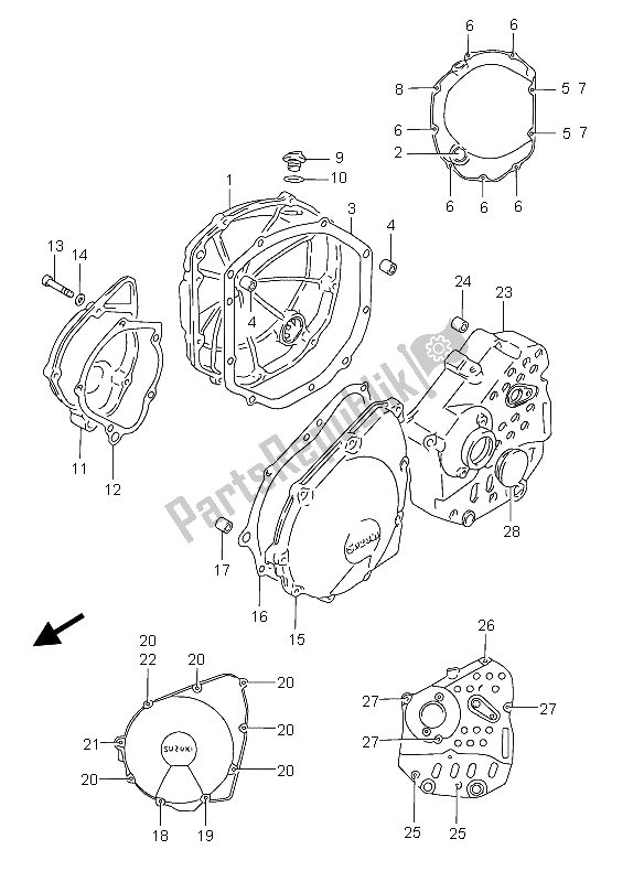 All parts for the Crankcase Cover of the Suzuki GSX 750F 2005