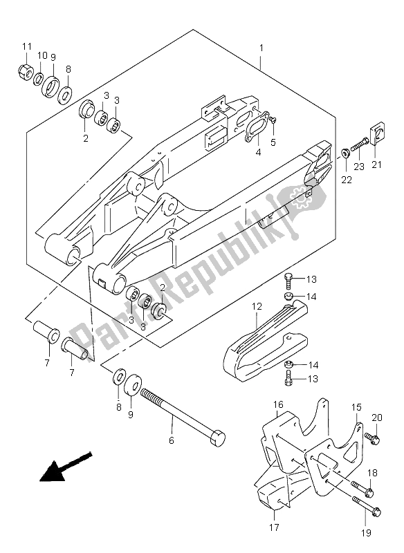 All parts for the Rear Swinging Arm of the Suzuki RM 85 SW LW 2004