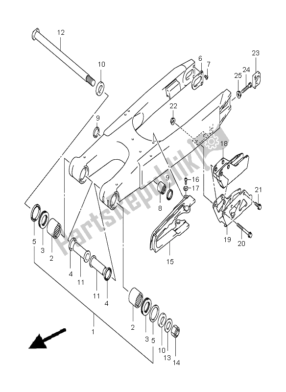 Alle onderdelen voor de Achterste Zwenkarm van de Suzuki RM 250 2001