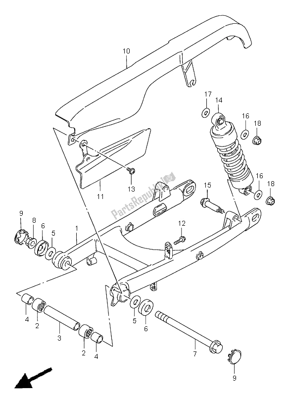 All parts for the Rear Swinging Arm of the Suzuki LS 650 Savage 2002