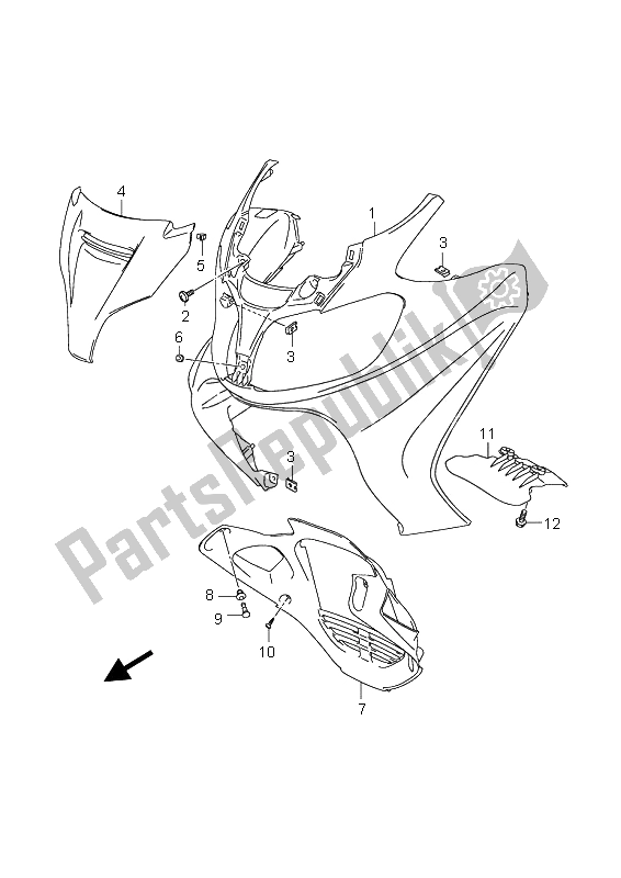 All parts for the Front Leg Shield (an650a-az) of the Suzuki AN 650 AAZ Burgman Executive 2008