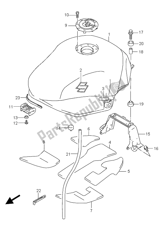 All parts for the Fuel Tank of the Suzuki GSX 600F 2004