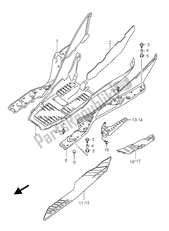 All parts for the Rear Leg Shield of the Suzuki Burgman AN 400S 2005