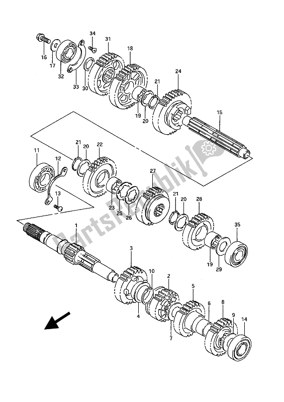 All parts for the Transmission (e2-e4-e17-e21-e22-e24-e34) of the Suzuki VS 1400 Glpf Intruder 1991