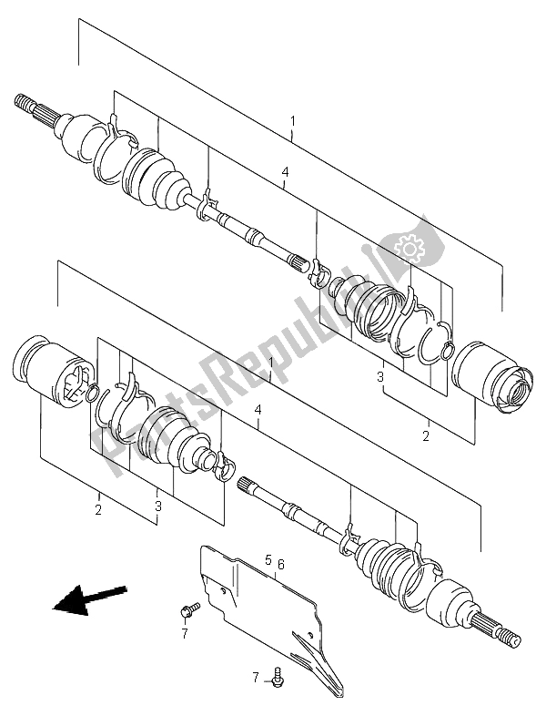 All parts for the Front Drive Shaft of the Suzuki LT A 500F Quadmaster 2000