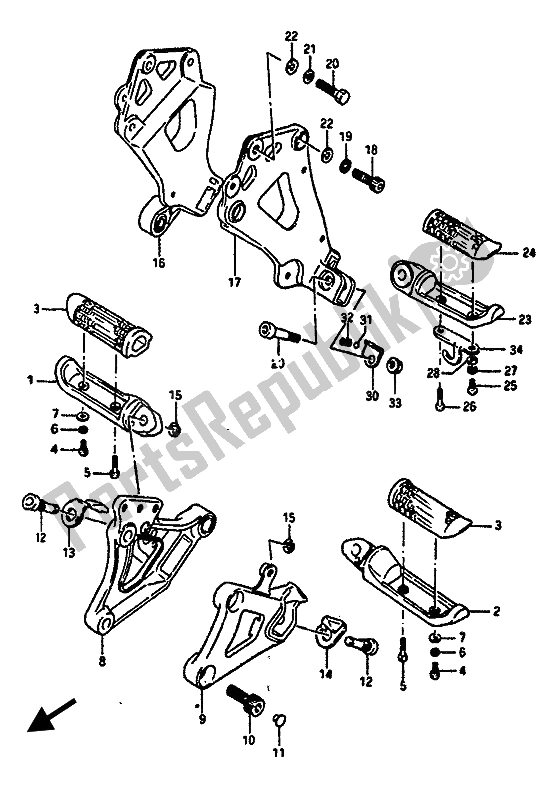 All parts for the Footrest of the Suzuki GSX R 1100 1988