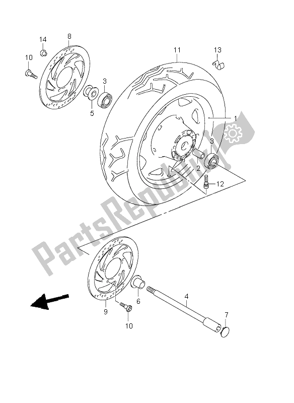All parts for the Front Wheel of the Suzuki VL 1500 Intruder LC 2002