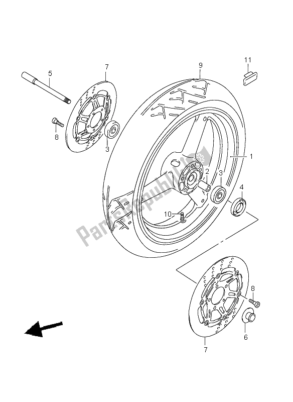 All parts for the Front Wheel of the Suzuki GSX 750F 2003