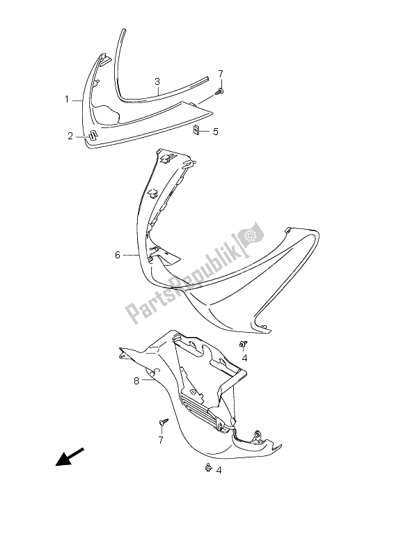 All parts for the Front Leg Shield of the Suzuki UH 125 Burgman 2008