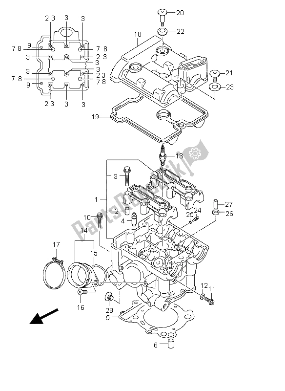 All parts for the Rear Cylinder Head of the Suzuki DL 650 V Strom 2006