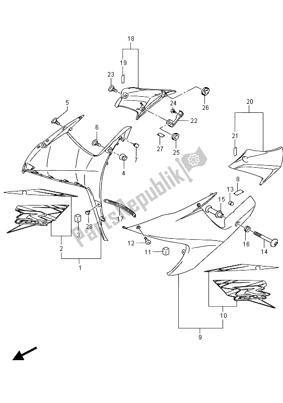 All parts for the Side Cowling (ard) of the Suzuki GSX R 600 2015