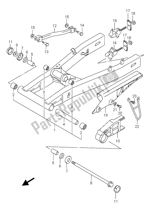 All parts for the Rear Swinging Arm of the Suzuki GSX 600F 2004