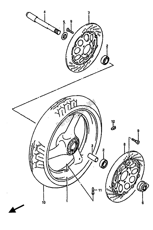 All parts for the Front Wheel of the Suzuki GSX R 750 1988