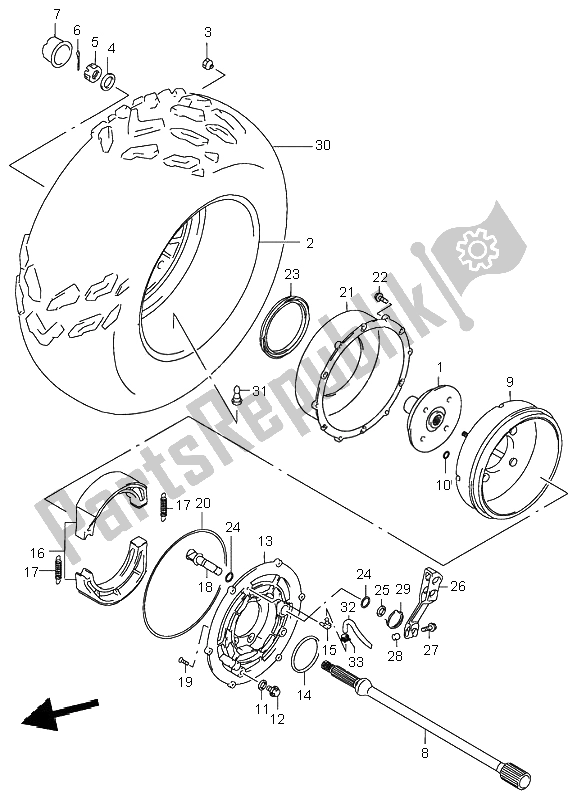 All parts for the Right Rear Wheel of the Suzuki LT A 500F Quadmaster 2001