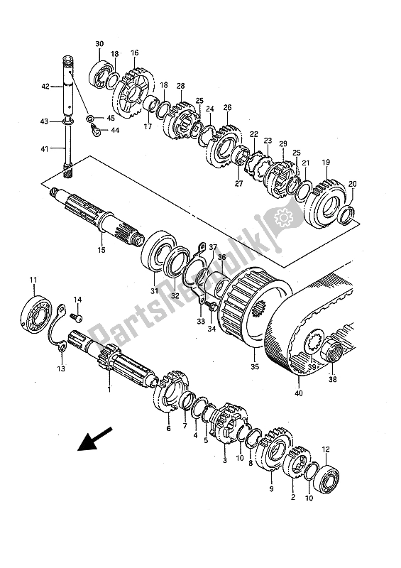 All parts for the Transmission (e2-e4-e15-e16-e17-e18-e22-e25-e39-e53) of the Suzuki LS 650P Savage 1991