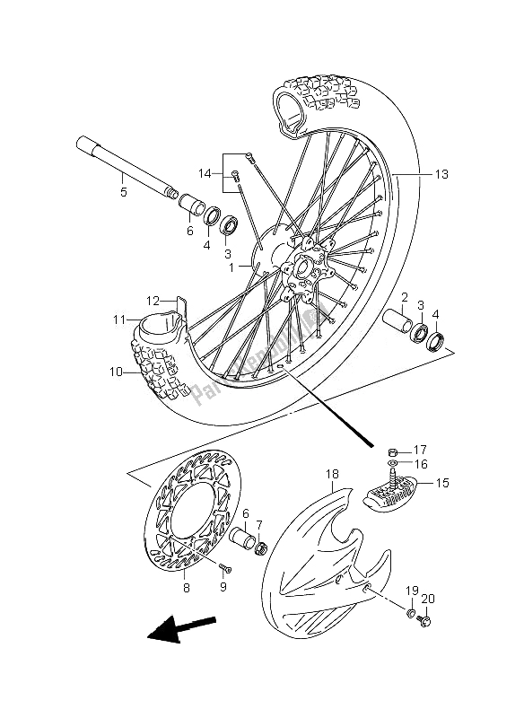 All parts for the Front Wheel of the Suzuki RM 125 2007