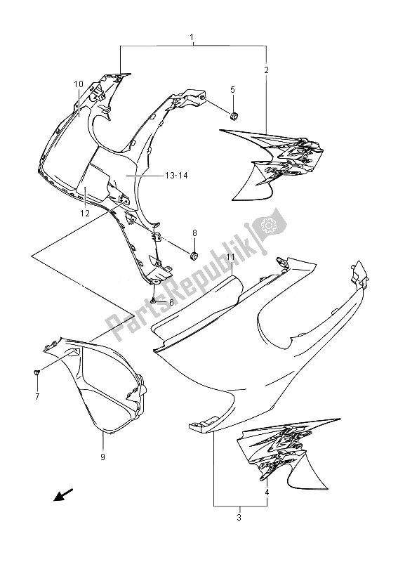 All parts for the Side Cowling of the Suzuki GSX 1300 RA Hayabusa 2014