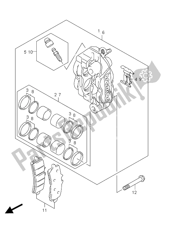 All parts for the Front Caliper of the Suzuki GSX R 1000 2012