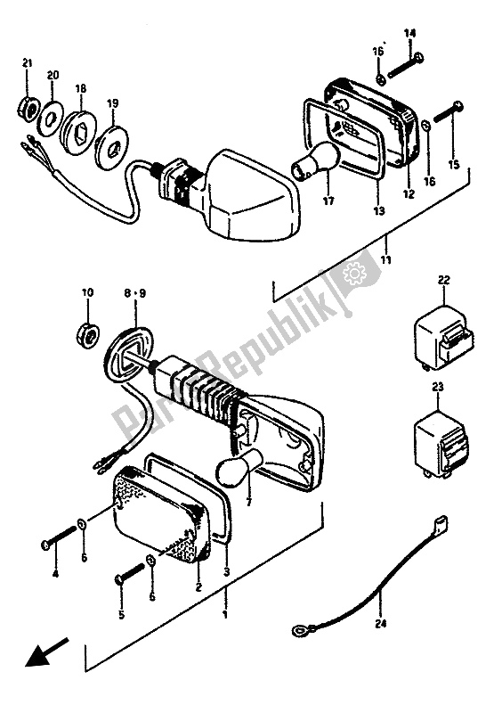 Toutes les pièces pour le Feu Clignotant (e2-e4-e15-e16-e17-e18-e21-e22-e25-e34-e39-e53) du Suzuki GSX R 1100 1987